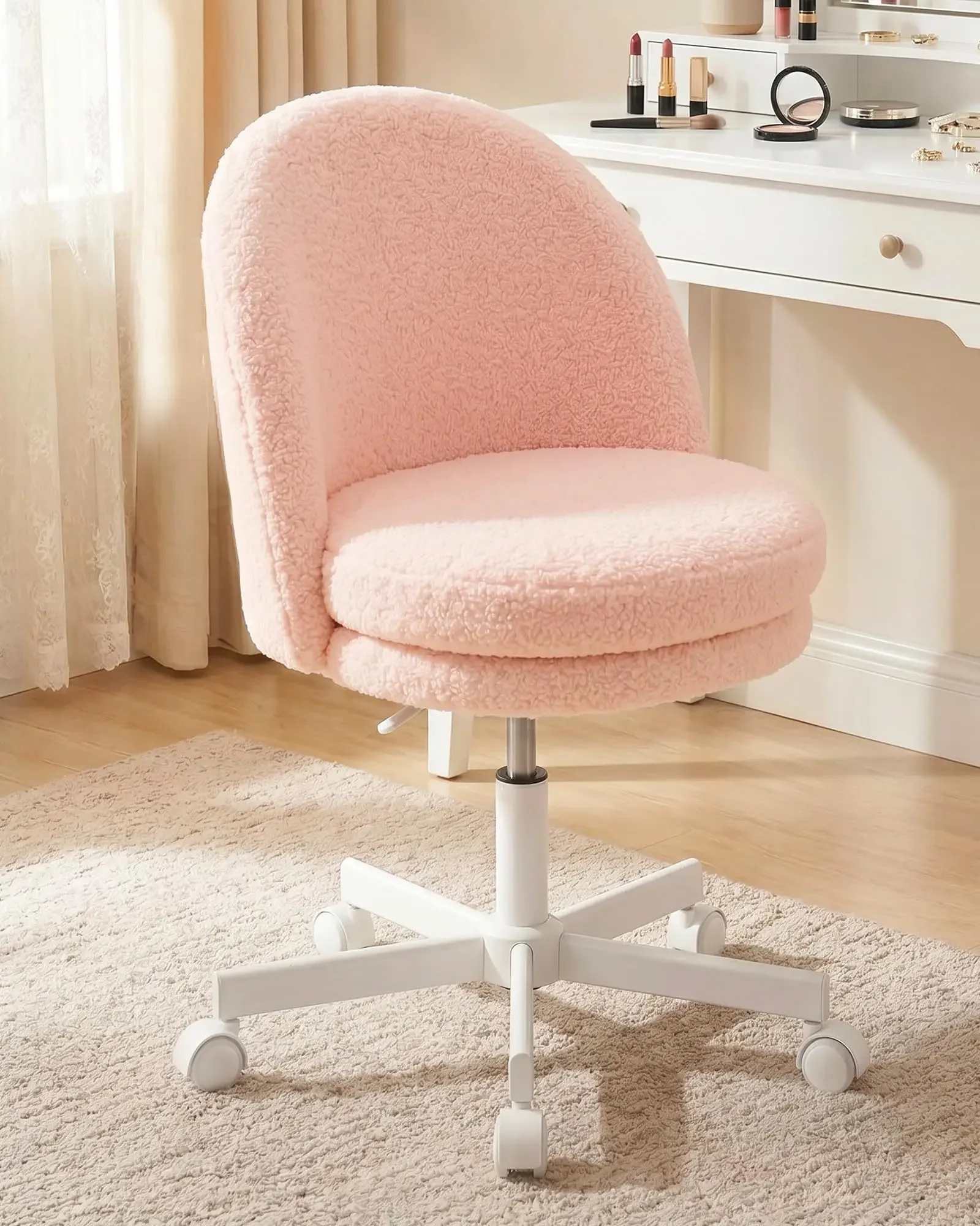 

Fluffy Pink Teddy Fleece Office Chair With Back Swivel Adjustable Height Desk Chair For Adults