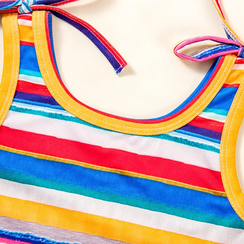 Conjunto de vestido de verão para meninas elegante e fofo colorido listrado camisola colete saia2conjunto