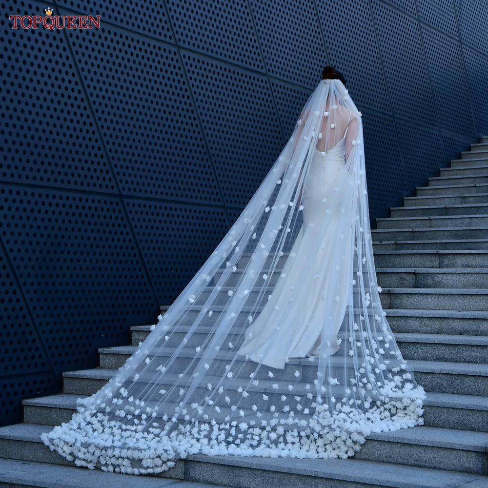 TOPQUEEN V93 Luxurious 3d Flowers Bridal Veils Long Cathedral Style Wedding Veil Long with Comb Extra Long Royal Wedding Veil