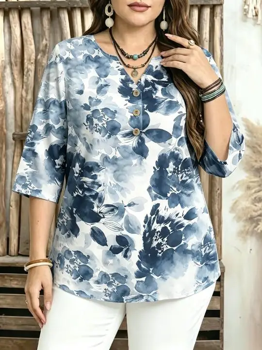 Women Olive Green Tone Ink Wash Floral Print Blouse For Curvy Figures Notched Neck 3/4 Sleeve Loose Casual Daily Ladies Tops