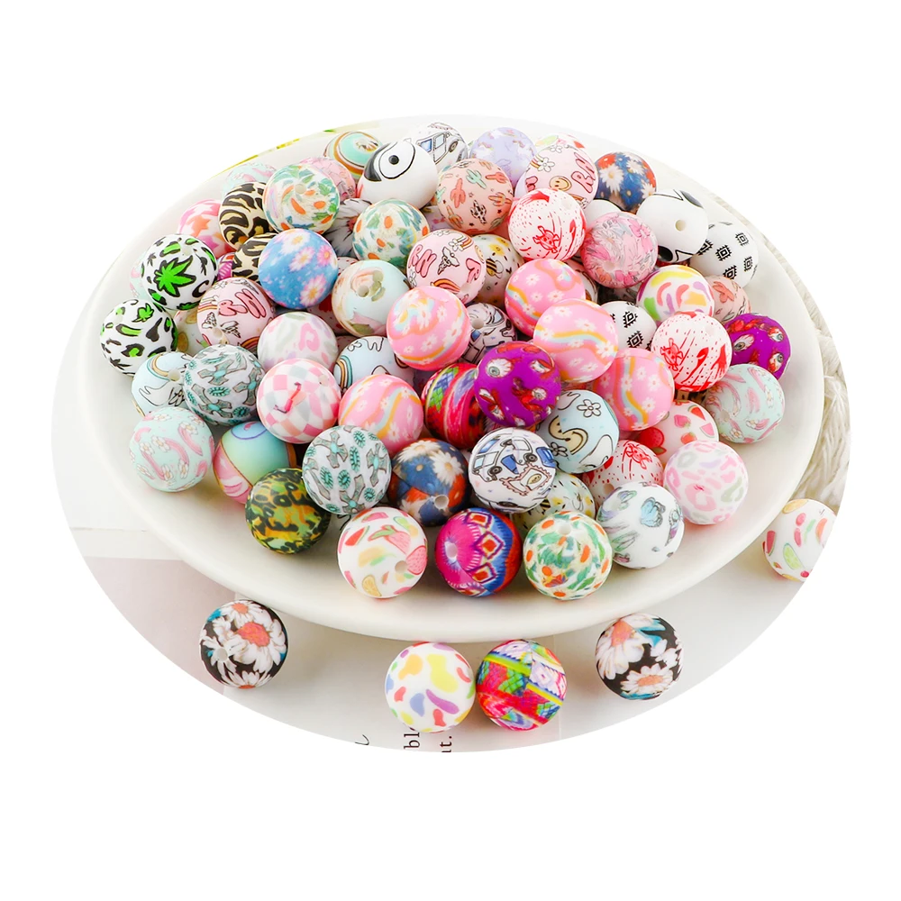 50/100 قطعة 15 مللي متر سيليكون مطبوعة الخرز المستديرة Keychain بها بنفسك المفاتيح قلادة سوار إكسسوارات لصنع المجوهرات