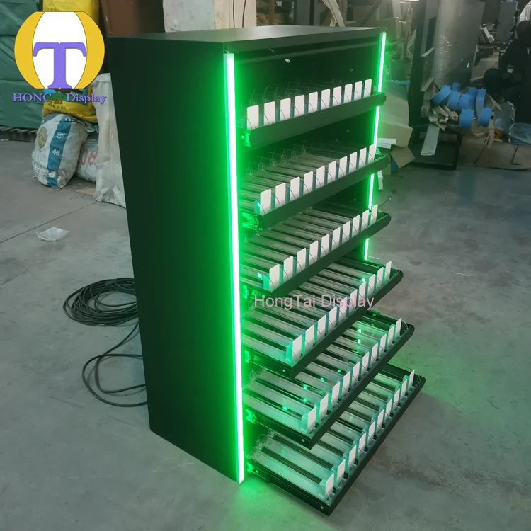 Rak Logam Lampu LED Warna-warni Kustom Akrilik Pendorong Pintu Lipat Etalase Rokok Toko Rokok