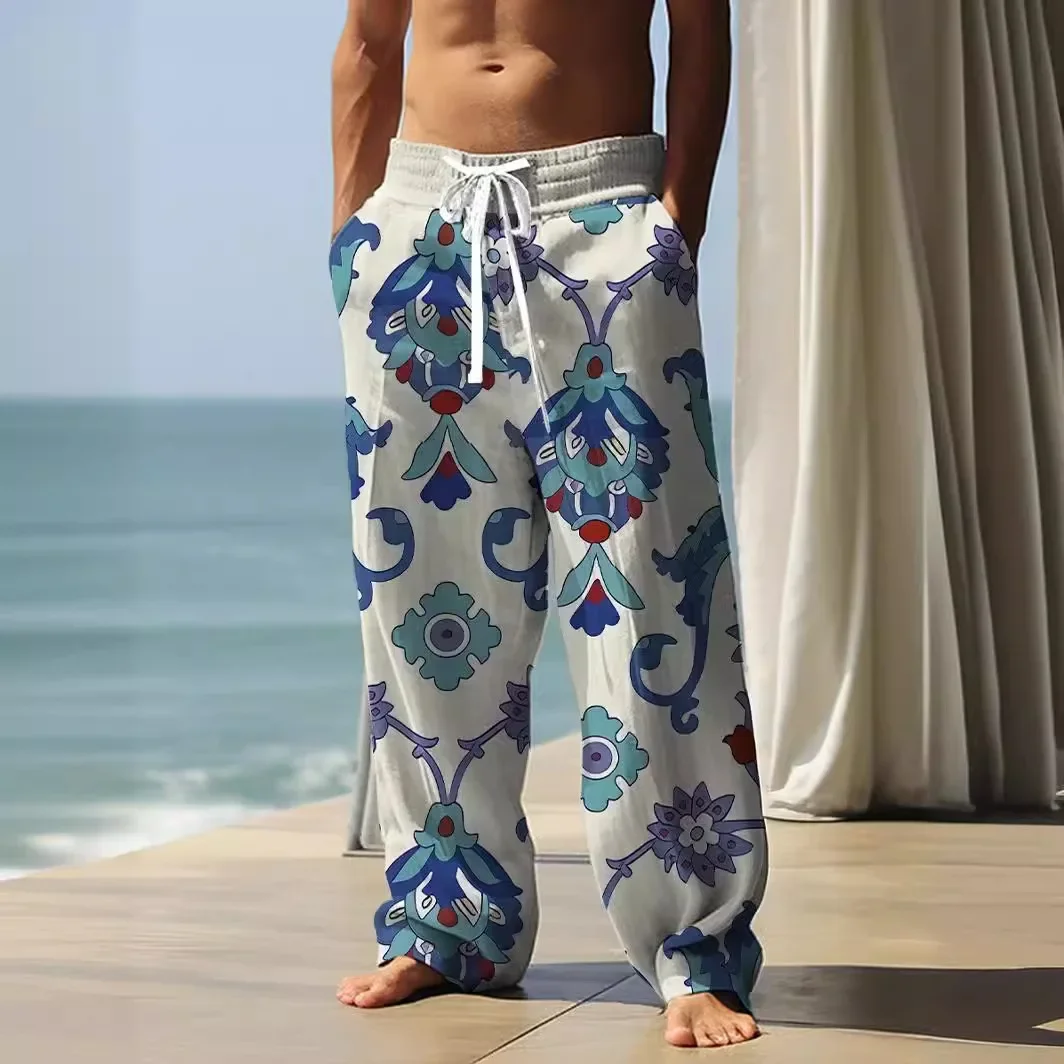 Calça masculina estilo nacional europeu e americano, calça reta solta fina, tendência de lazer, moda de férias, verão