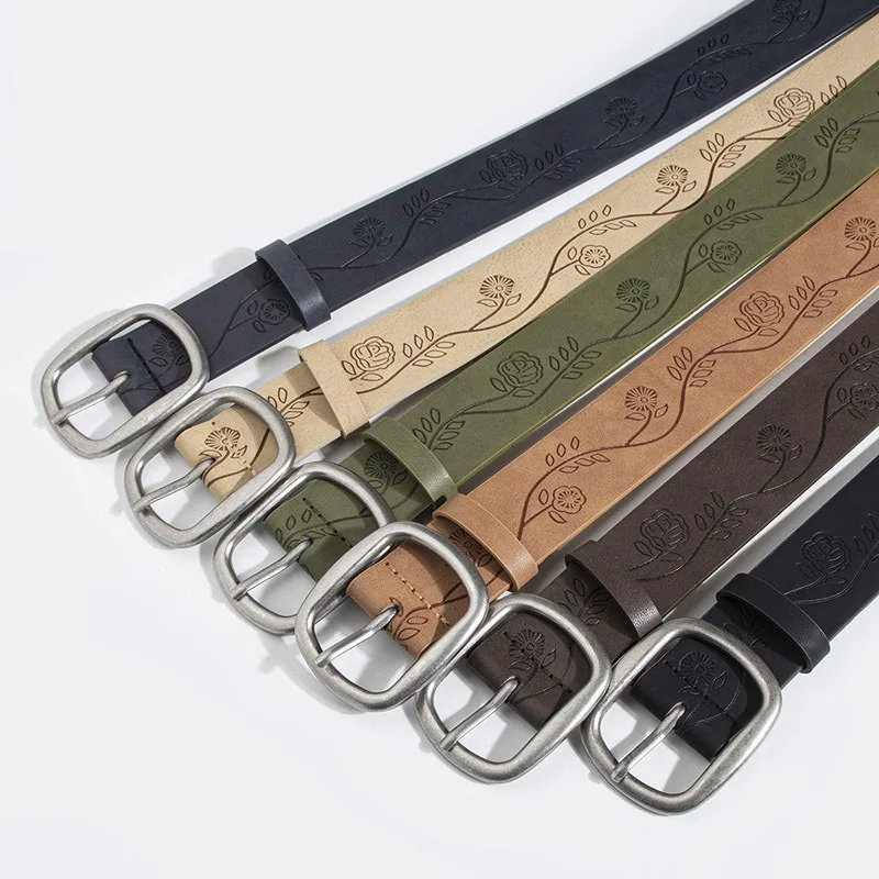 New Vintage-Style Distressed Embossed Antique Silver Oval Belt Chinese-Inspired Niche Simple and Versatile Women’s Leather Belt