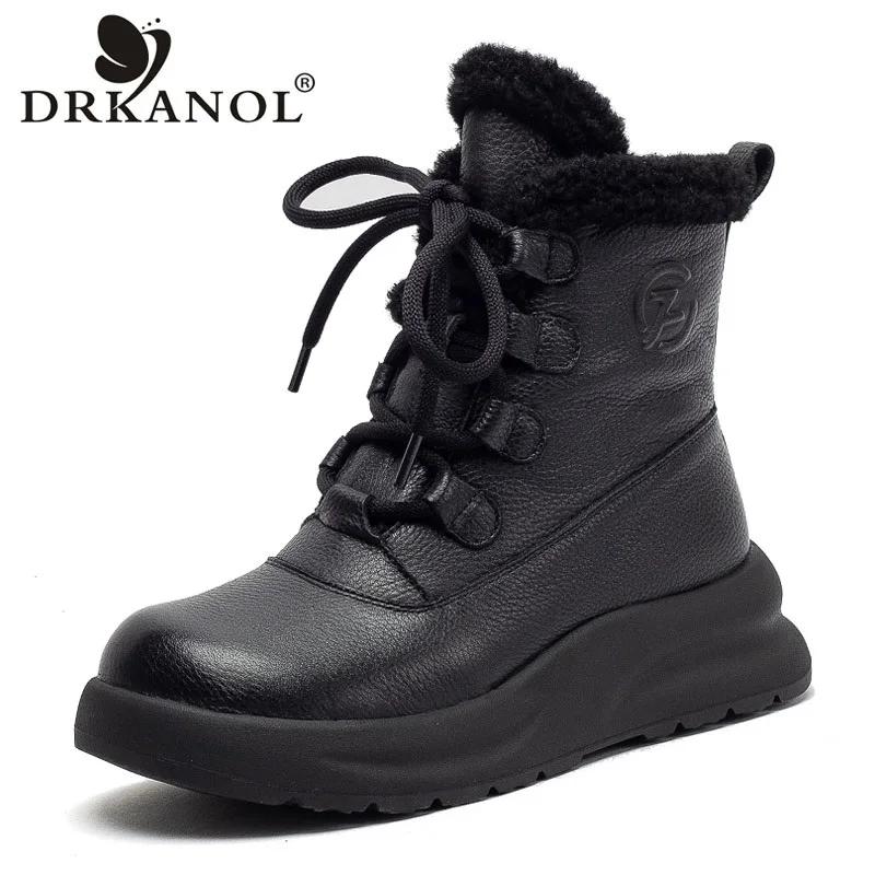

DRKANOL/женские теплые зимние ботинки 2026, роскошный дизайн, хлопковые ботинки из коровьей кожи в стиле ретро на массивной платформе и танкетке до середины икры