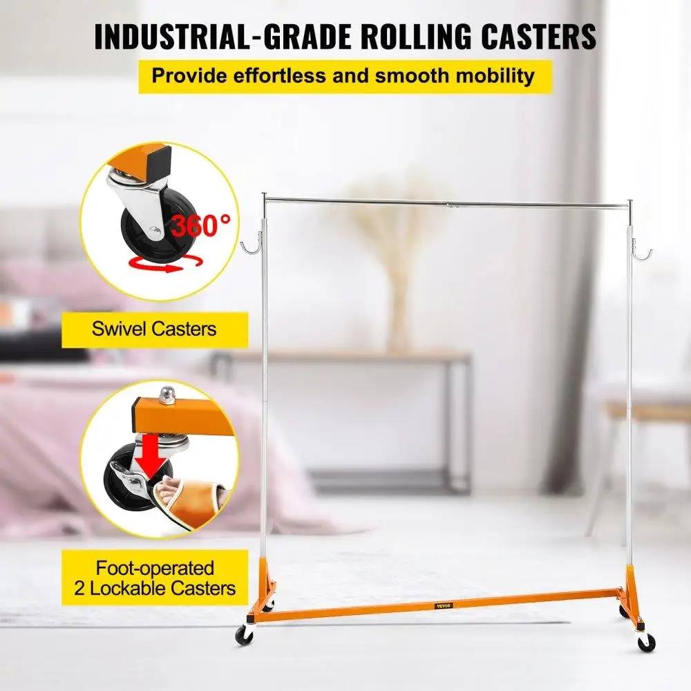 Height Adjustable Industrial Z Rack - Sturdy Steel Garment Rack with Lockable Casters for home & Commercial Use - Orange