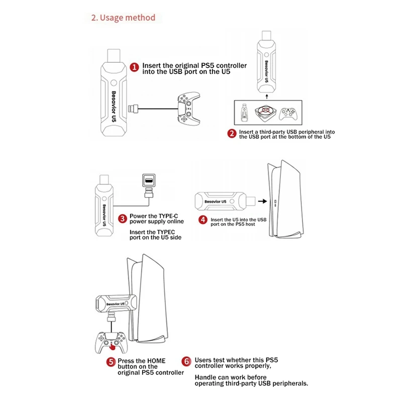 Imagem -05 - Besavior u5 para Ps5 Conversor de Mouse de Teclado Adaptador Usb Conector Gamepad Plug And Play Ps5 Parts Switch Parts