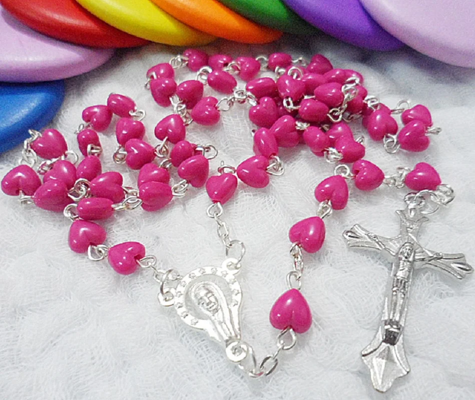 free ship religious pink plastic heart bead rosary,rosary with metal virgin Mary center, heart rosary N1356