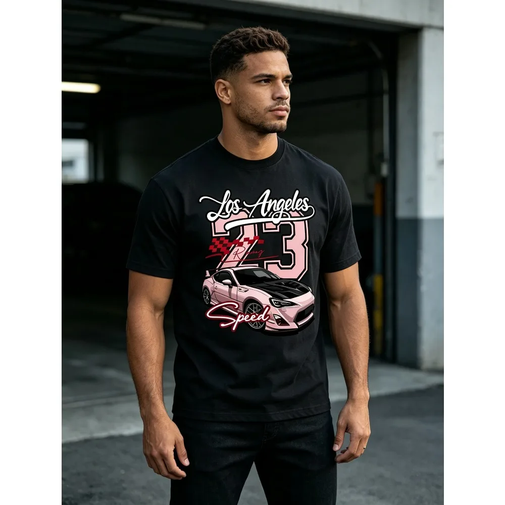 2026 New  Unisex O-neck Short Sleeve T-shirt Back Los Angeles No.23 Racing Print Pink Sports Car Speed Graphic