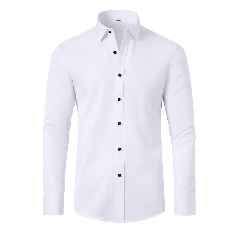 Plus Size High Elasticity Seamless Spandex Shirt Men Long Sleeve Slim Fit Casual Solid Color Social Formal Dress Shirts 50-110KG