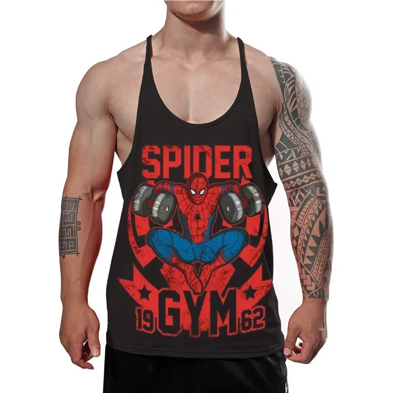 

Мужские летние майки для спортзала, 100% хлопок, дышащий I-образный жилет с принтом «Человек-паук», мужская спортивная одежда для бодибилдинга, мужская одежда