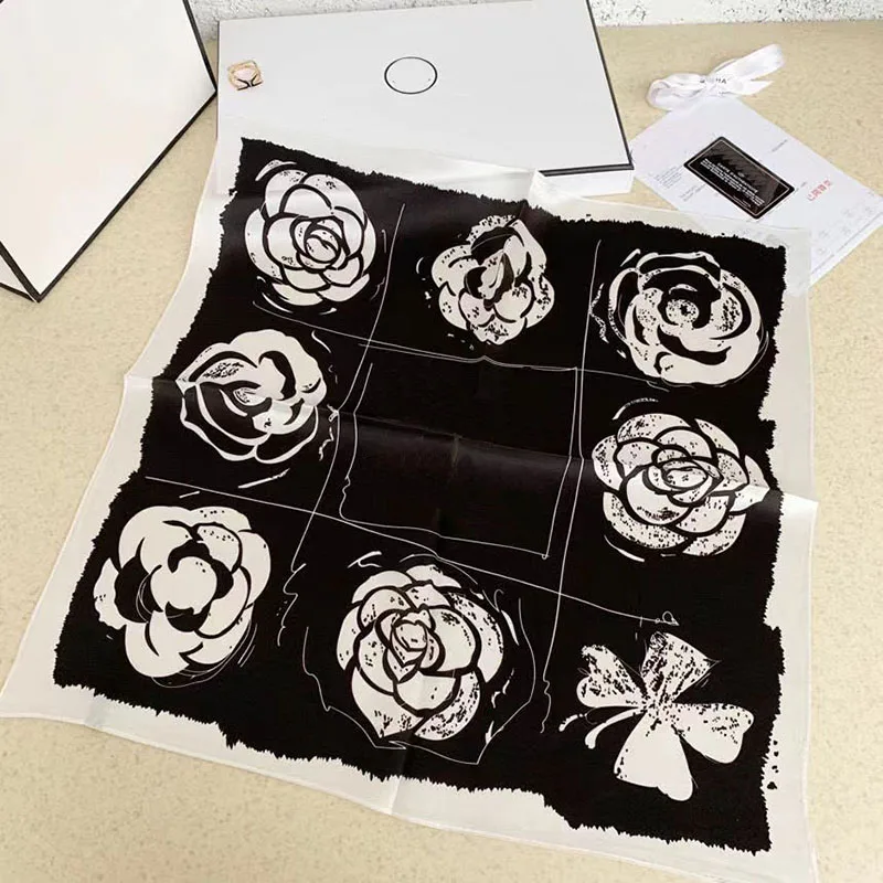 Brand Camellia Letter Silk Scarf Thin Sun Protection Headband Print Double Sided Small Square Scarf Hair Band Spring Summer