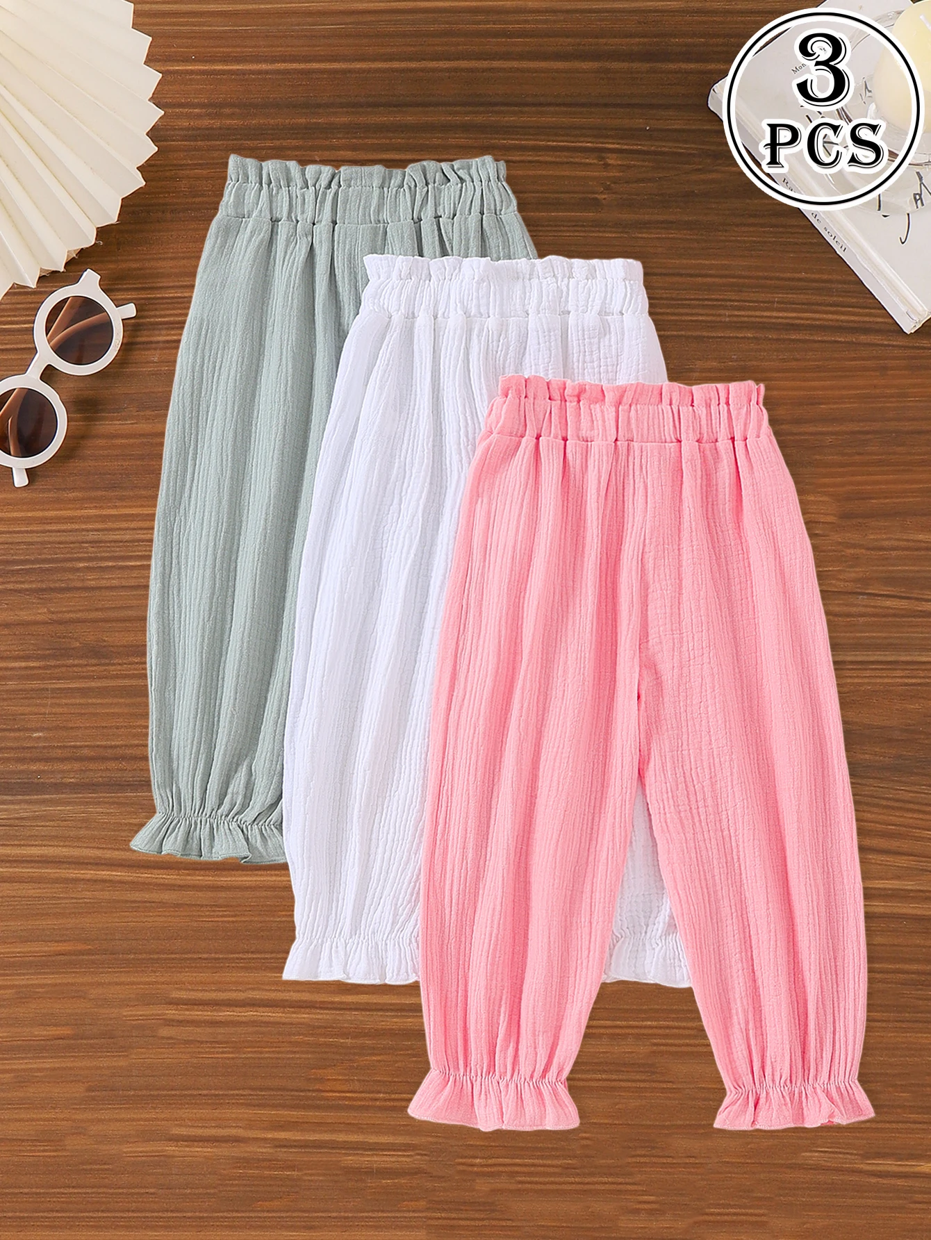 

Комплект из 3 предметов: текстурированные брюки-фонарики для девочек, свежий мягкий стиль, детская одежда для девочек