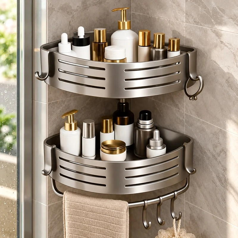 Drill-Free Aluminum Bathroom Corner Shelf Set with Towel Bar and Plastic Hooks, 1 to 3 Units for Organized Shower Storage