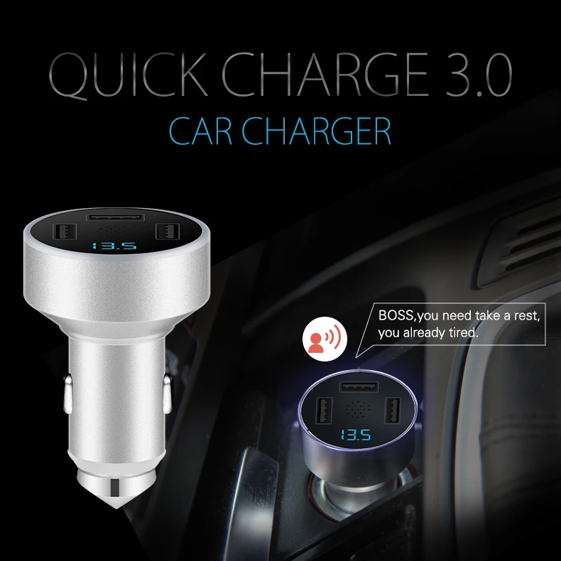 Digital display car charger, equipped with 3 USB ports - quick charging adapter for smartphones and tablets, portable charger view 3