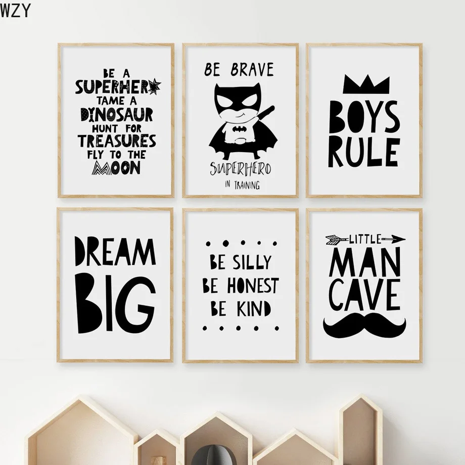 Superhero Wall Art CanvasPainting forKids Room,CrownBigDreamQuote,Black and White,NordicPosters andPrints,WallPictures,RoomDecor