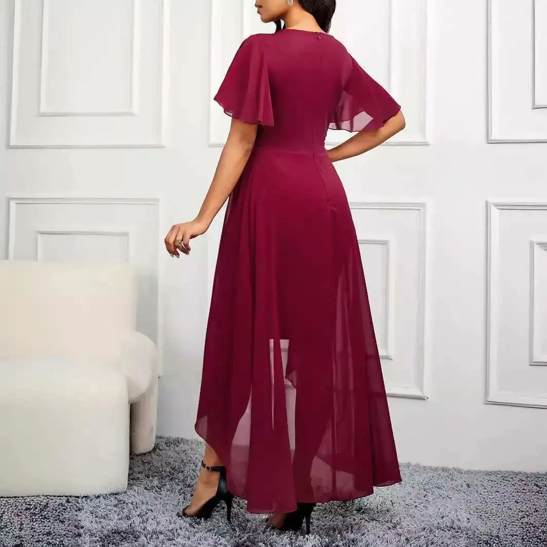

New elegant solid color round neck short sleeved slim fit spring/summer women's dress