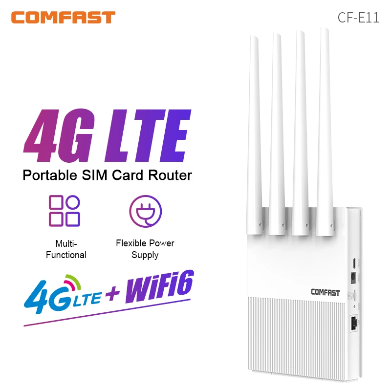 

Comfast 4G LTE WIFI Router 300Mbps Wifi6 4 External Antennas Signal Booster Hotspot Ethernet Port SIM Slot Support 32 Devices