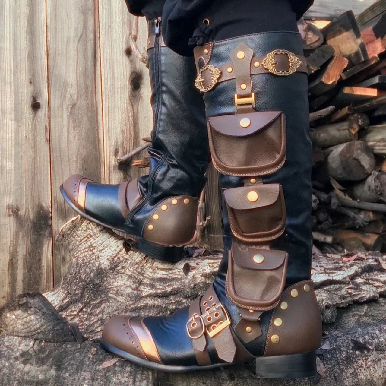 Vintage Steampunk Knee High Boots Faux Leather Buckle Pocket Boots Medieval Knight Renaissance Halloween Cosplay Costume Shoes