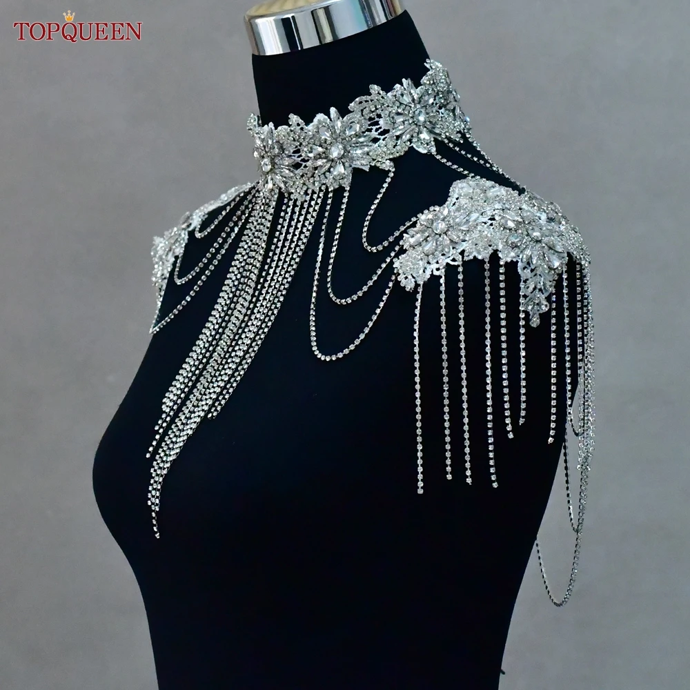 Topqueen Rhinestone Tassel Necklace Ladies Body Chain V Neck Wedding Dress Accessories Bridal Shoulder Chain Party Shawl SG01