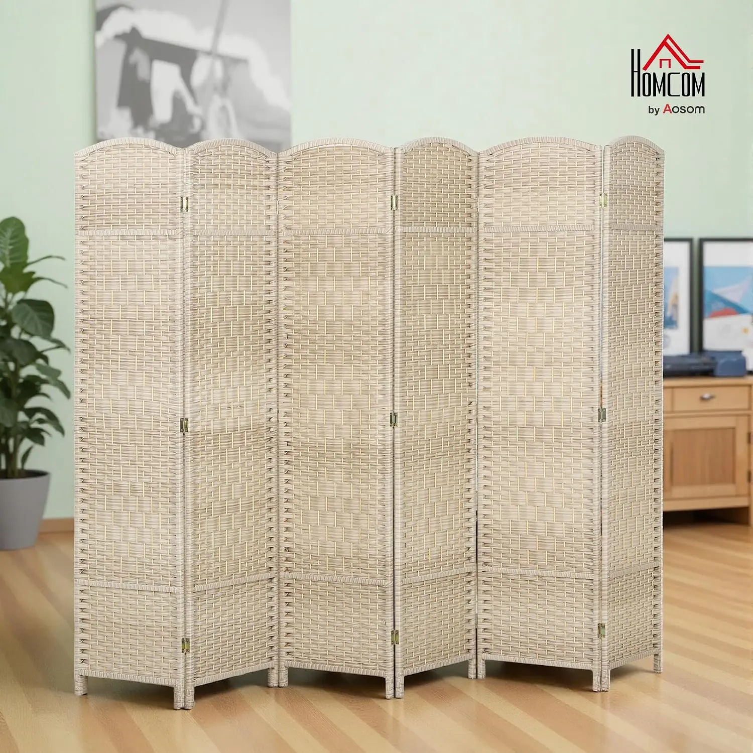 6 Panel Folding Room Divider 6 Ft Hand-Woven Privacy Screen, PP Woven Oak Finish Pine Wood Frame Freestanding Partition Bedroom