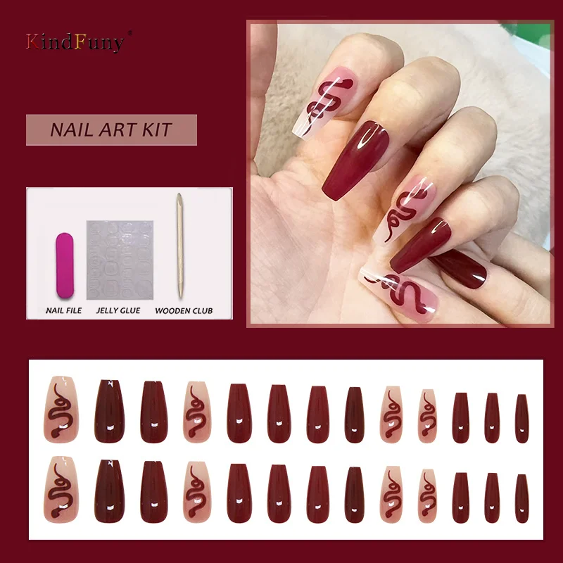 

24Pcs Red Snake Fake Nails Simple Fake Nails Press Wearable Nude Nail Art Fully Covered Nail Art Tips