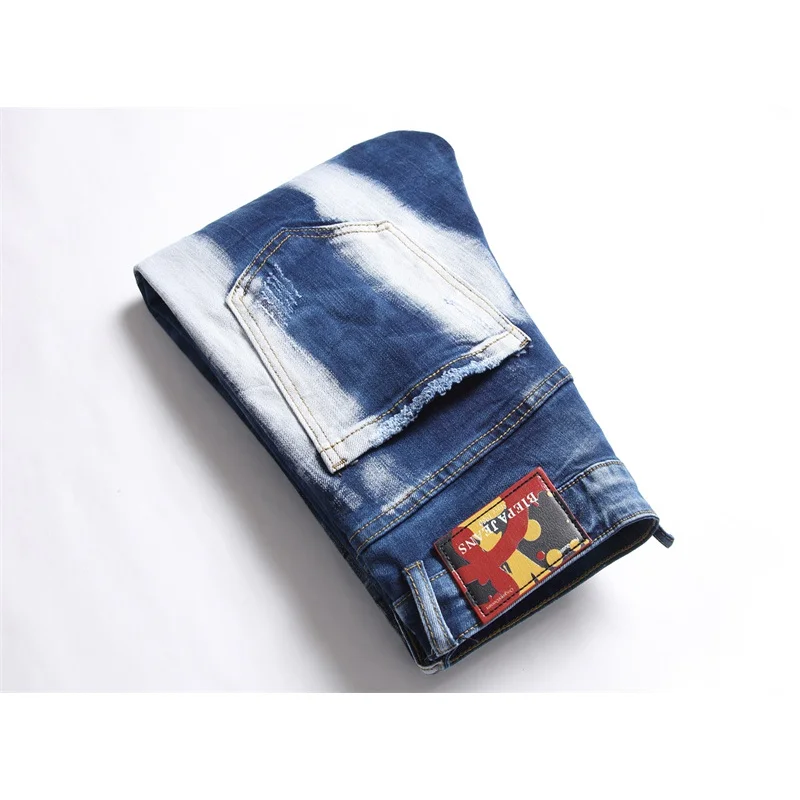 Personalized Paint Printing Design Trendy Jeans Men's Slim Stretch Street Fashion and Handsome Water Washed Hole Trousers