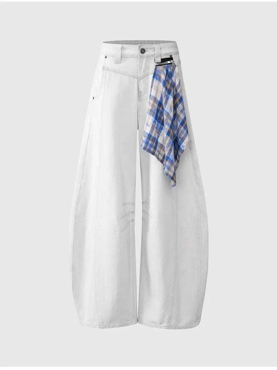 

CHIC Street Women's Jeans Contrast Color Patchwork White Denim Pants Trendy Slim High Waist Wide Leg Trousers Female Ins