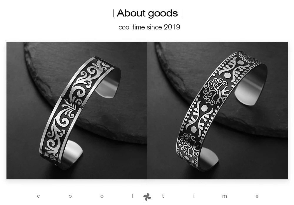 COOLTIME Vintage Muster Armband Edelstahl Blume Wort Baum Persönlichkeit männer Manschette Armreif Schmuck Zubehör – Detail 3