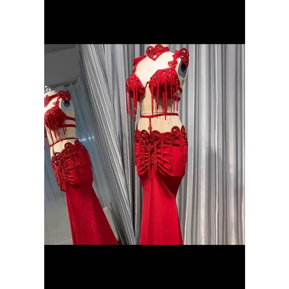 BellyDance Suit Embroidery Diamond Bra Split Fishtail Skirt Performance Set Custom Adult Child Competition Clothing Accessories
