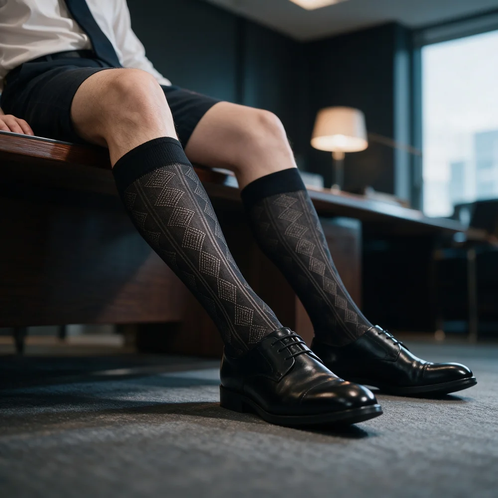 Men Sheer Black Dress Socks Diamond Pattern Over Calf Nylon Thin Transparent Business Formal Suit Office Socks