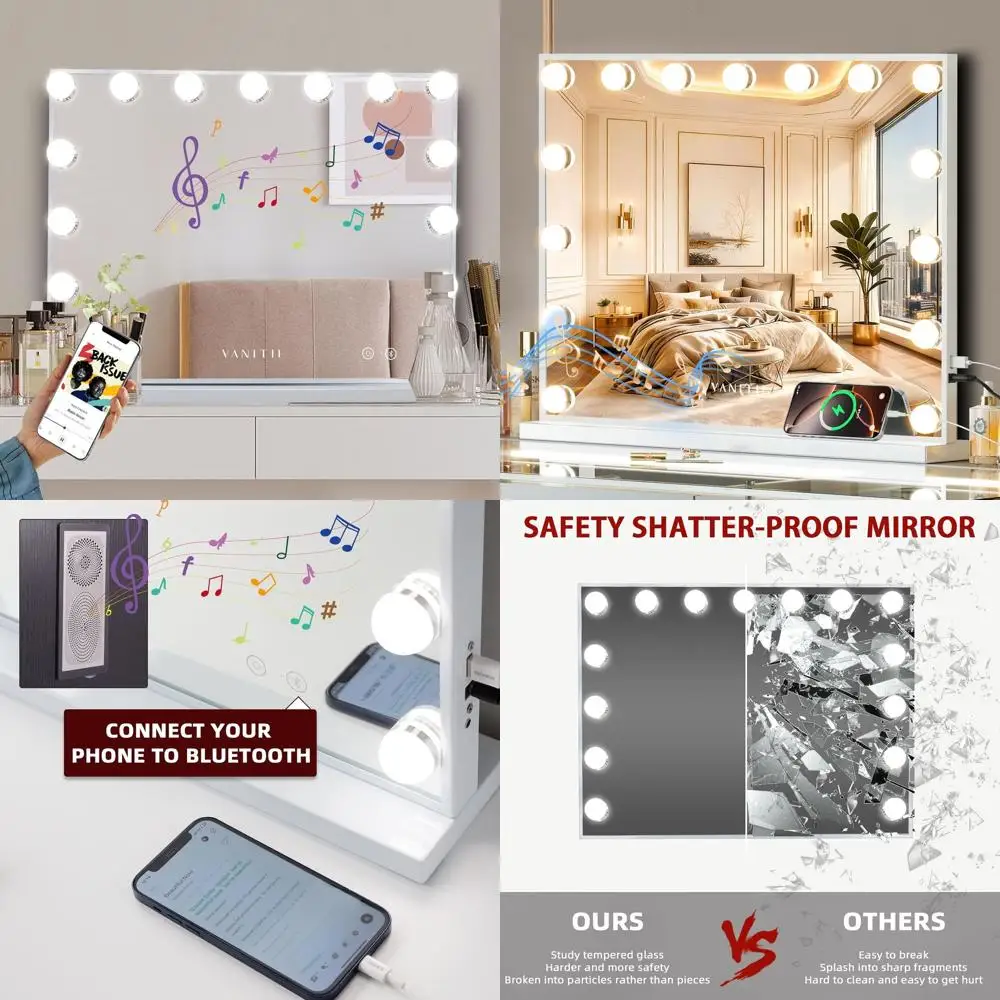 مرآة هوليوود المضيئة مع شحن USB، 3 أوضاع إضاءة ومكبر صوت للمكياج في غرفة النوم أو غرفة الملابس