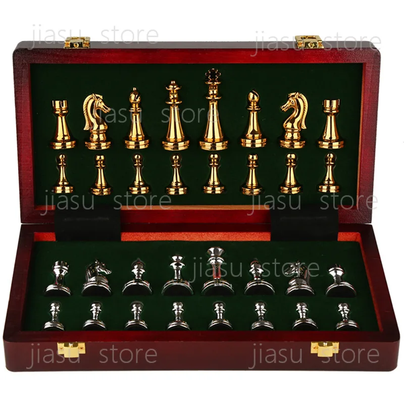 

Chess high-end gift box metal chess pieces wooden chess board retro European ornament