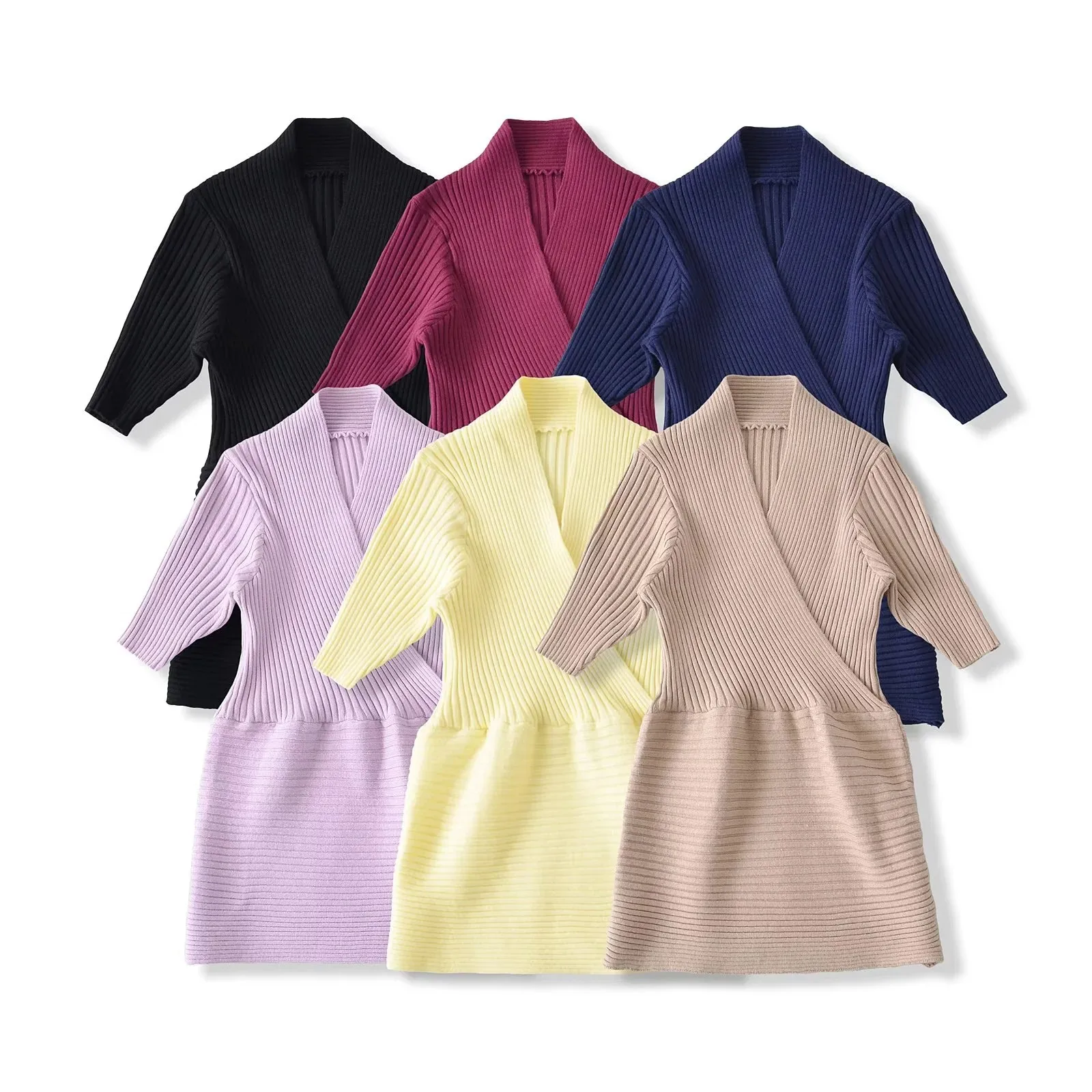 New knitted base shirt with cross V-neck tight-fitting short-sleeve top high-waisted women's short ice silk T-shirt for NXR0