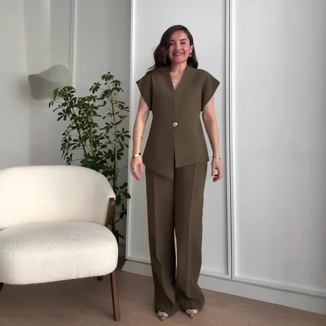 레그 포켓 지퍼 팬츠 2026 봄 여름 캐주얼 여성 정장 빈티지 솔리드 탑 바지 반팔 버튼 브이넥 셔츠 와이드