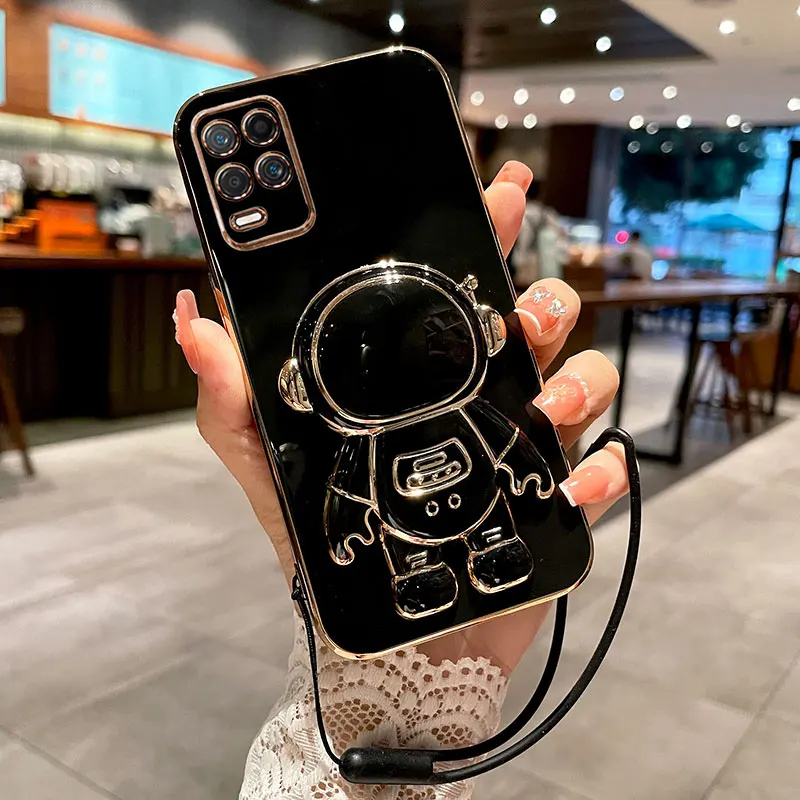 

Чехол-держатель с позолотой астронавт для Realme 8 чехол с веревкой чехол для телефона s Realme 8 Pro 4G Φ 9 Pro 8i 9i Realme8