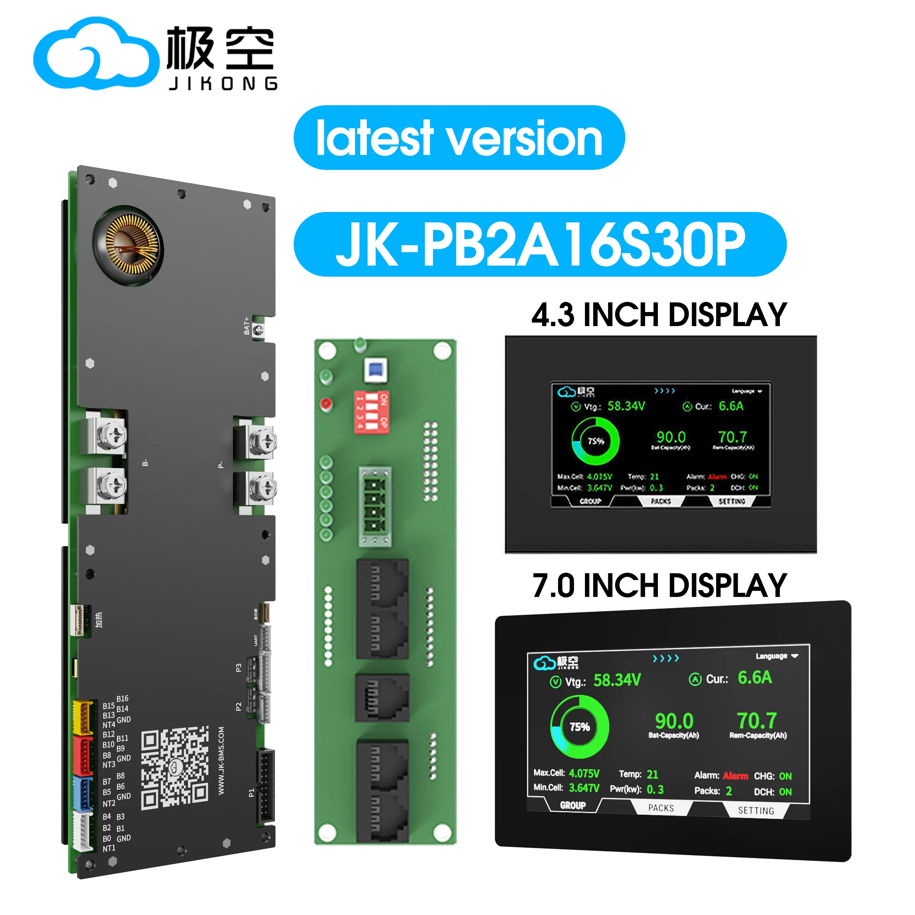 JK Smart BMS PB2A16S30P 4.3LCD/7.0LCD 8S-16S 48V 300A 2A Active Balancer Bluetooth for Lifepo4/LTO Solar Energy Storage RV JKBMS