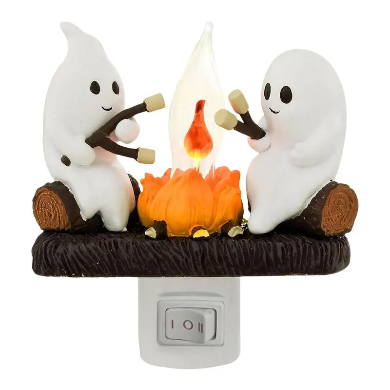 Ghost Campfire Night Light Halloween Lamp Spooky Ghost Flickering Night Light Bedside Lamps Table Lamp Plug-in Ghost Night Light