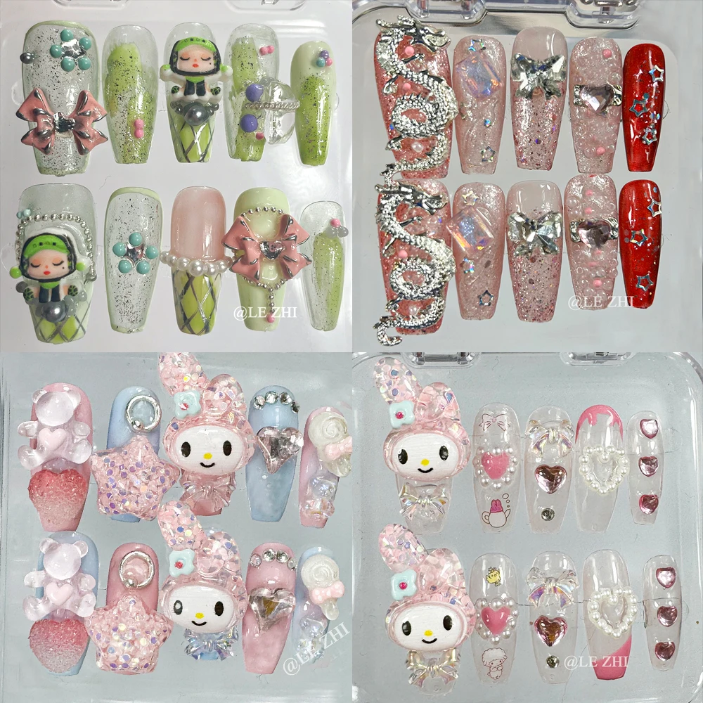 

Handmade Coffin Gradient Light Color Fake Nails Mymelody 3D Sparkling Butterfly Bow Design Wearable Reusable Press on Nails Art