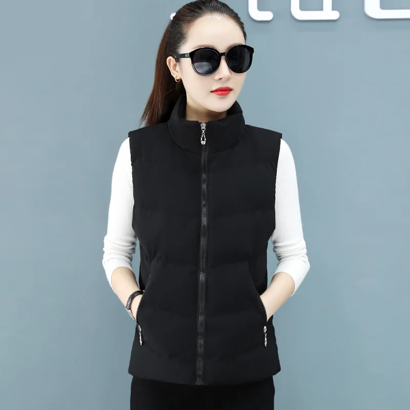 New Autumn Winter Thick Down Cotton Vest Women'S Fashion Versatile Stand Up Collar Warm And Loose Casual Sleeveless Coat Lady