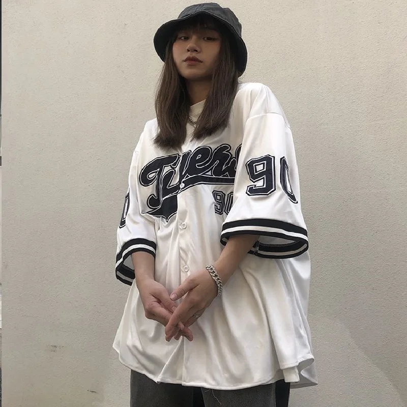 Baseball Men Women Blouse Y2k Streetwear Hip Hop Short Half Sleeve Shirts 2023 Summer Street Vintage Printed Korean Version Tops