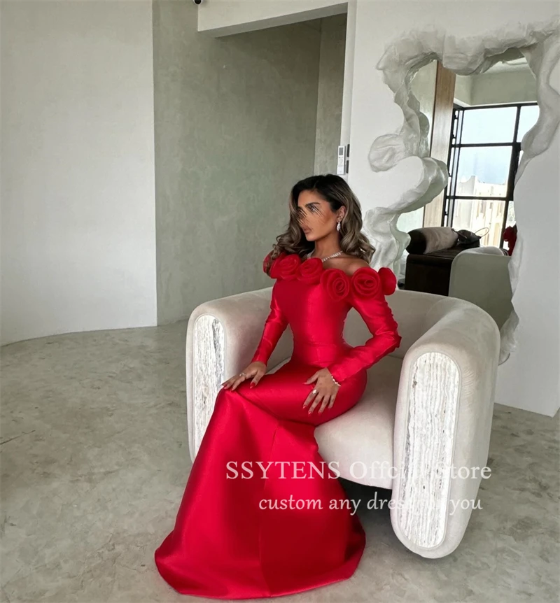 SSYTENS Saudi Red 3D Flowers Formal Occasion Dresses 2024 Mermaid Wedding Strapless Long Party Prom Evening Gowns فساتين الحفلات