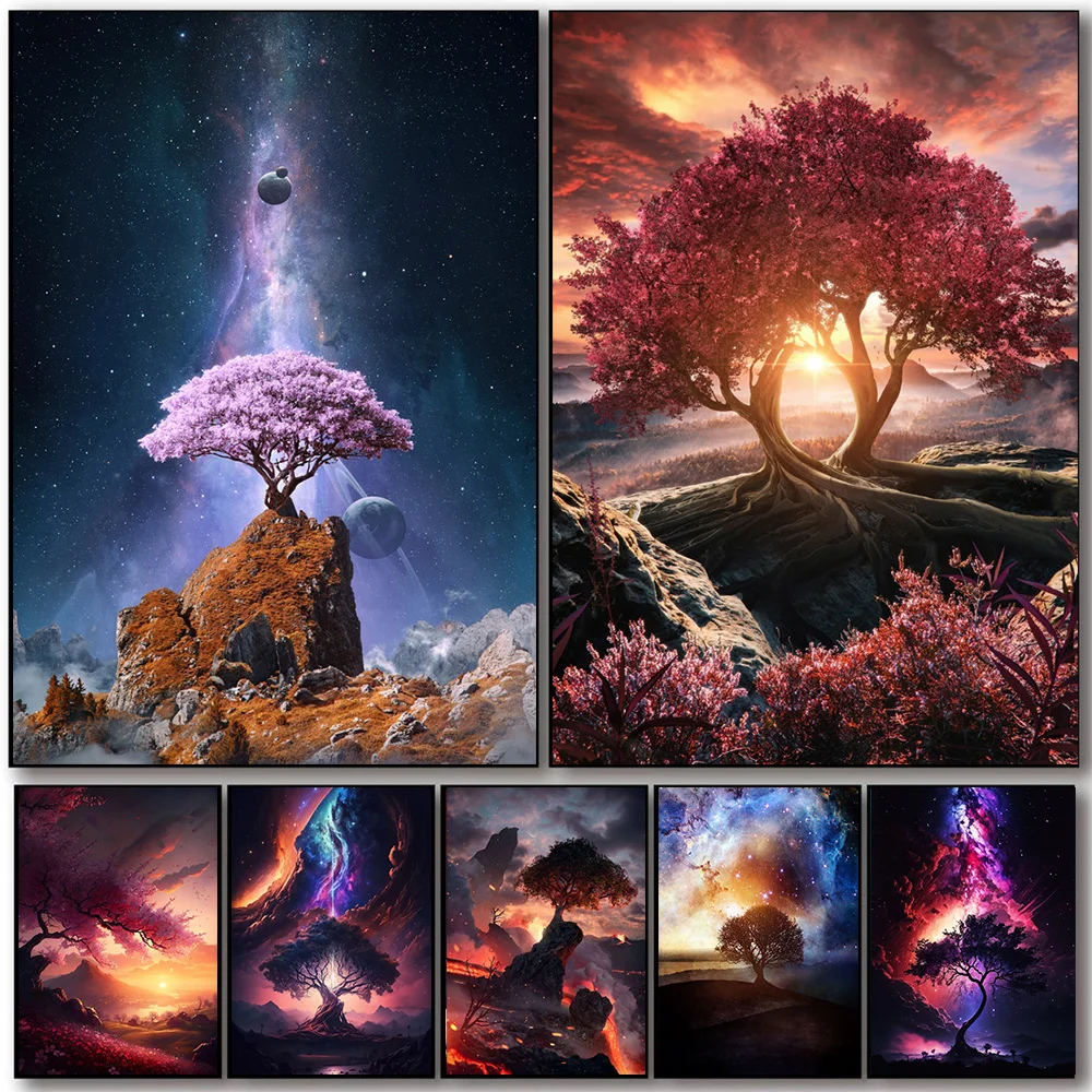 AstronsomPlanet Space Net Art Prhonneur Posters, Paysage Sakura Tree Canvas Painting, Large Wall Mural, Room Home Decor