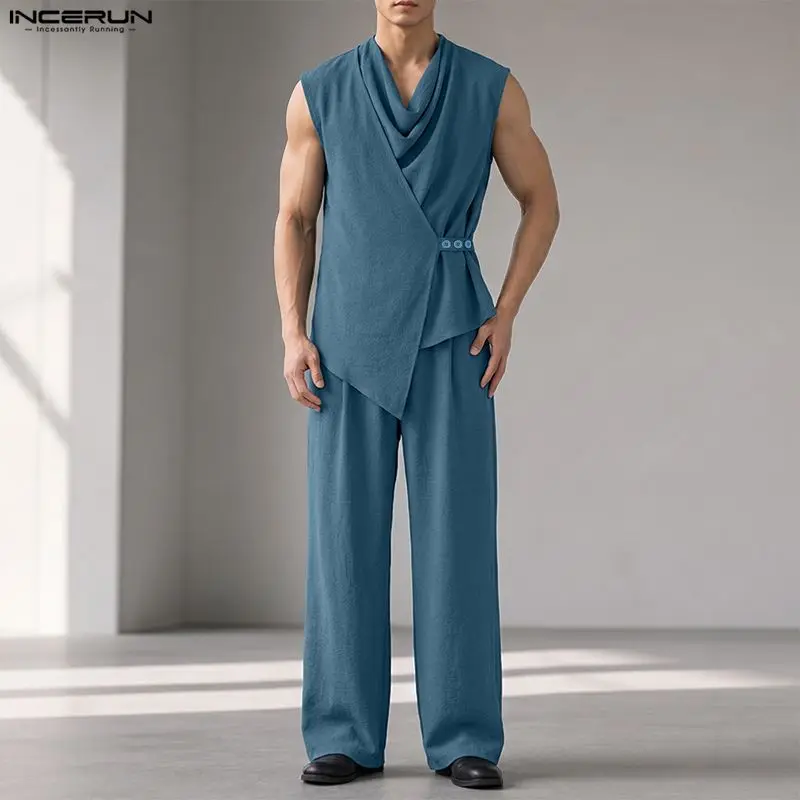 INCERUN Men Sets Solid Color Sleeveless Irregular Shirt Pants Two Piece Sets Streetwear 2026 Casual Men Matching Sets Tracksuits view 4
