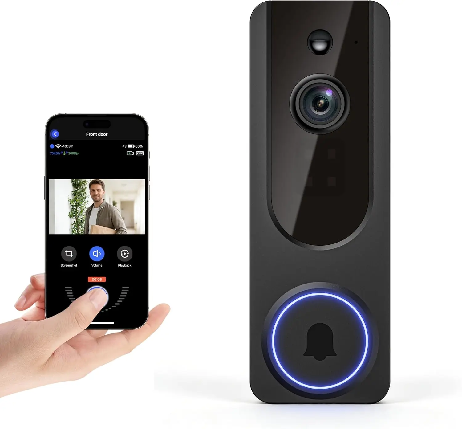 

1080P Wireless Wi-Fi Doorbell Camera with AI Human Detection and Night Vision for Home Security