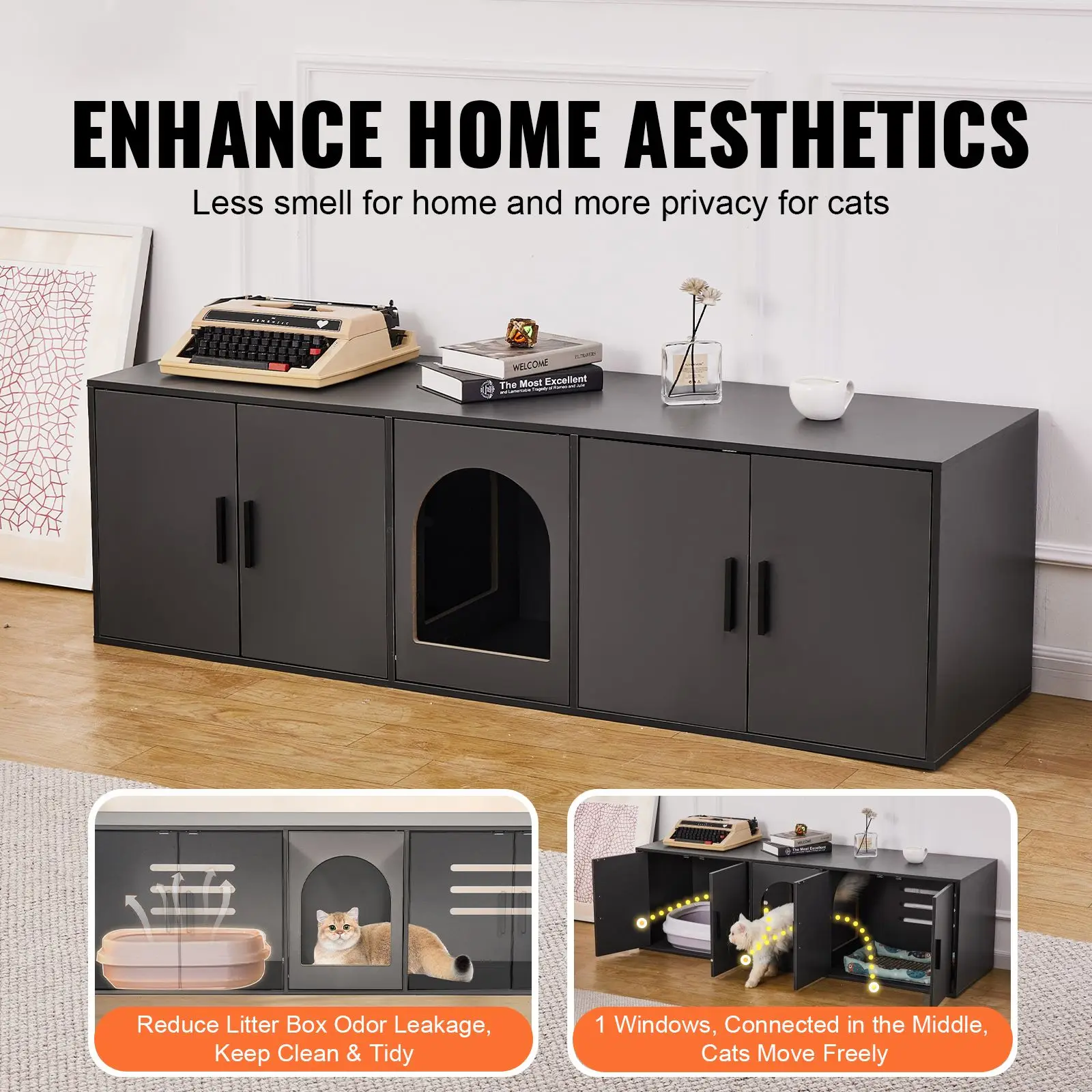 Cat Litter Box Enclosure for 2 Cats, Litter Box Furniture Hidden with Double Rooms, Wooden Cat Box Cabinet Fit Most of Litter Bo