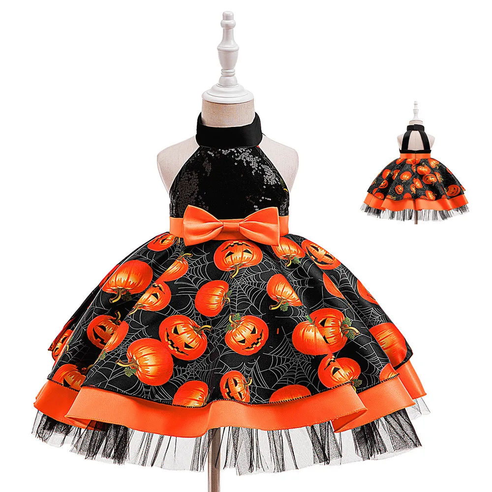 Baby Girls Sequins Halloween Pumpkin Halter-neck Tutu Dress Children Toddler Kid Witch Cosplay Costumes Spider Web Pumpkin Skirt