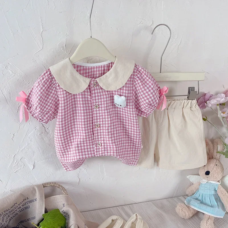

New Summer Baby Clothes Children Girls Short Sleeved Plaid Shirt Shorts 2Pcs/Sets Infant Fashion Casual Costume Kids Tracksuits