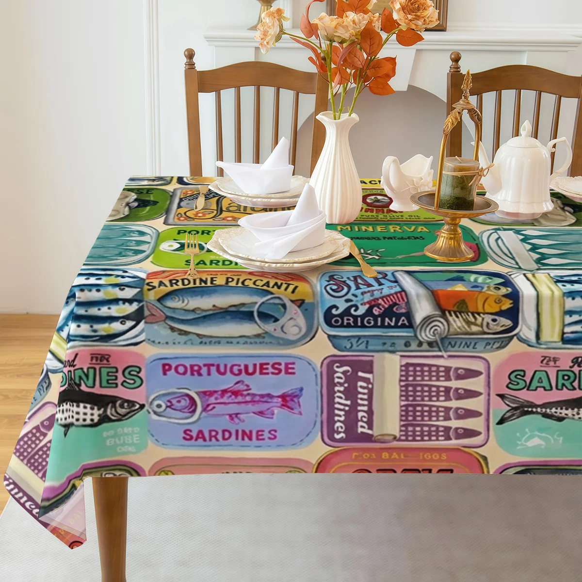 Vintage Sardine Can Pattern Rectangle Tablecloth for Table Decor Reusable Farmhouse Kitchen Dining Tablecloth Party Decor