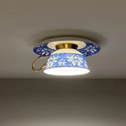 Chinese Style Blue and White Cup Ceiling Lights Dining Room Kitchen Cafe Fixtures Indoor LED Lighting Home Decor Loft Luminaire